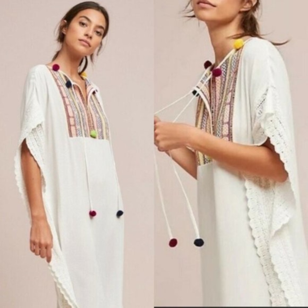 Postmark by Anthropologie Embroidered Pom Pom Kaftan